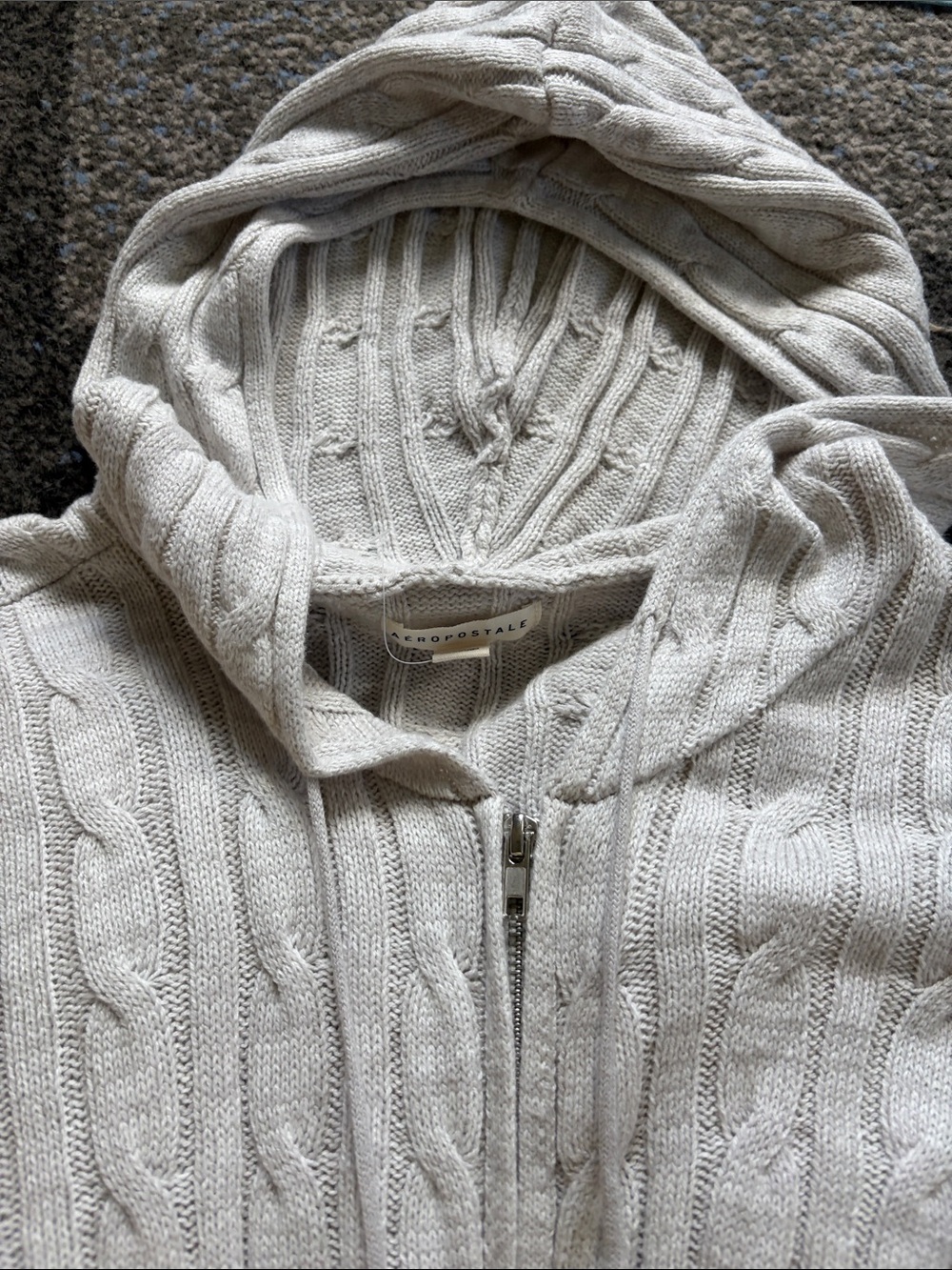 Aeropostale Cream Cable-Knit Hooded Zip Sweater Junior